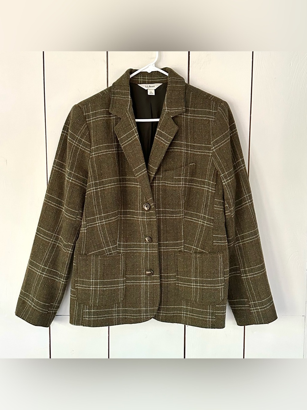 VTG LL Bean Plaid Tweed Blazer Jacket Sz L Green Wool Silk Academia Poetcore